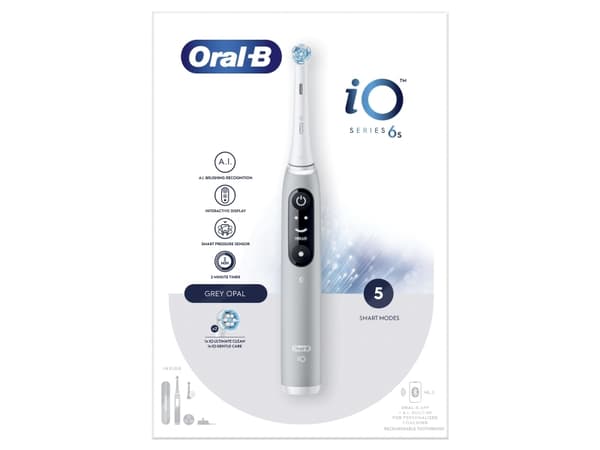Oral-B iO 6S, Voksen, Vibrerende tannbørste, Daglig stell, Grundig rens, Gum omsorg, Sensitiv / Myk, Whitening, Grå, Hvit, 2 min, Grå, Hvit