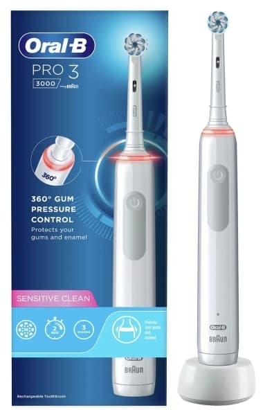 Oral-B Pro Sensitive Clean Pro 3, Voksen, Roterende vibrerende Tannbørste, Daglig stell, Sensitiv / Myk, Whitening, Hvit, 4 x 30 sec, Sensitive White