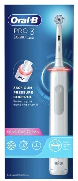 Oral-B Pro Sensitive Clean Pro 3, Voksen, Roterende vibrerende Tannbørste, Daglig stell, Sensitiv / Myk, Whitening, Hvit, 4 x 30 sec, Sensitive White