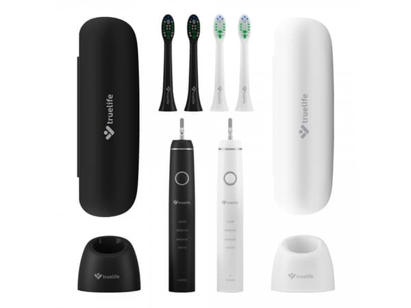 TrueLife SonicBrush Compact Duo, Aikuinen, Värisevä hammasharja, Hieronta, Herkkä, Valkaisu, Musta, Valkoinen, 3500 liikettä minuutissa, Pyöreä