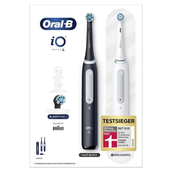 Braun iO Series 4 Duo, Aikuinen, Värisevä hammasharja, Päivittäinen käyttö, Herkkä, Super sensitive, Valkaisu, Musta, Valkoinen, 2 min, Pyöreä