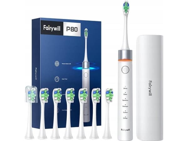 FairyWill FW-P80 sonisk tandborste med em-tips och fodral (vit)
