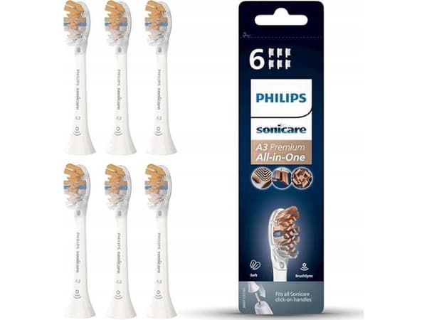 Philips A3 Premium All-in-One HX9096/10 Soniska tandborsthuvuden i standardutförande, 6 styck, Vit, 3 månad (er), Medium, Philips