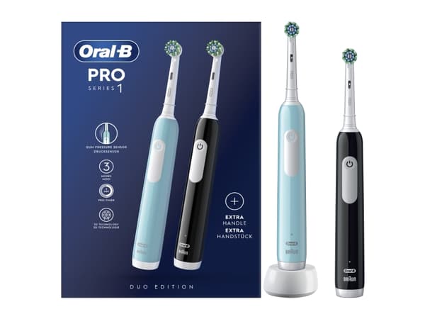 Oral-B Pro 1 PRO1CRSDUO, Voksen, Roterende vibrerende Tannbørste, Daglig stell, Sensitiv / Myk, Whitening, 20000 bevegelser per minutt, Sort, Turkis,