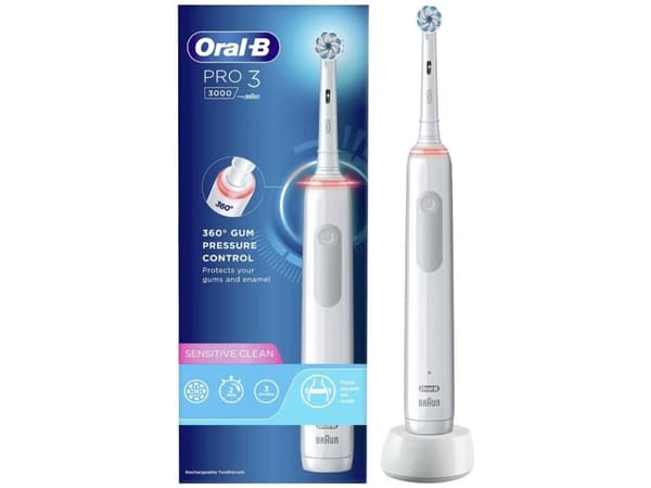 Oral-B Pro Sensitive Clean Pro 3, Vuxen, Roterande och oscillerande tandborste, Daglig vård, Känslig, Tandblekning, Vit, 4 x 30 sec, Sensitive White