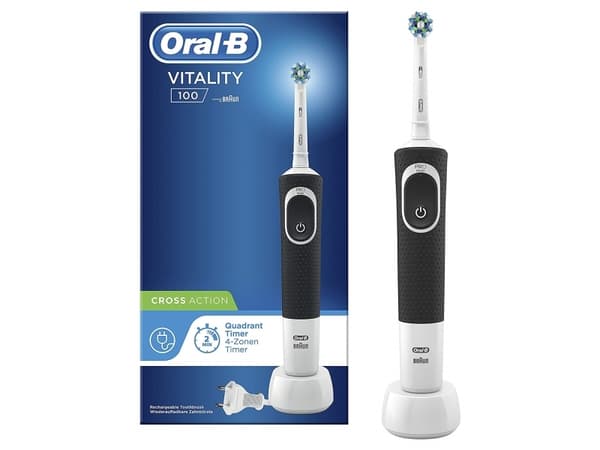Oral-B Vitality 100 CrossAction, Aikuinen, Pyörivä/värähtelevä hammasharja, Musta, Valkoinen, 2 min, Akku, Sisäänrakennettu akku