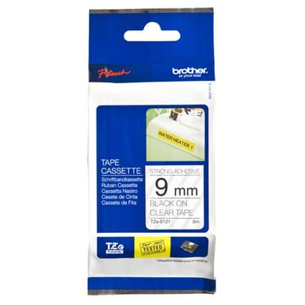BROTHER TZES121 9mm BLACK ON CLEAR ADHESIVE TAPE