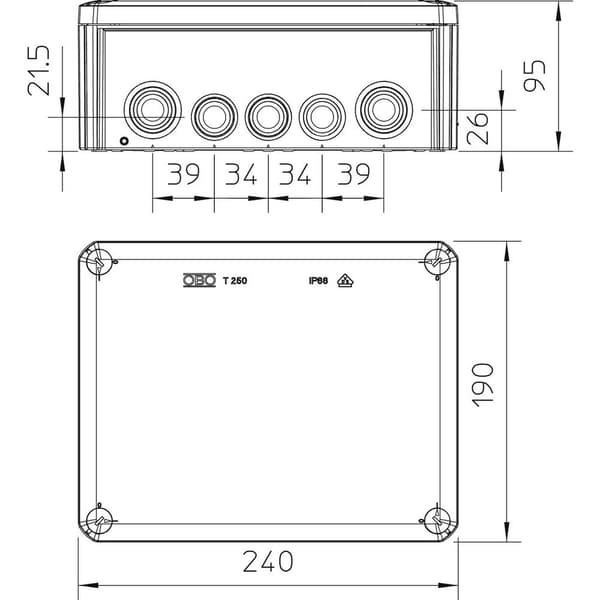 OBO Bettermann T250 Avgreningsbox (L x B x H) 240 x 190 x 95 mm Grå-vit (RAL 7035) IP66 1 st