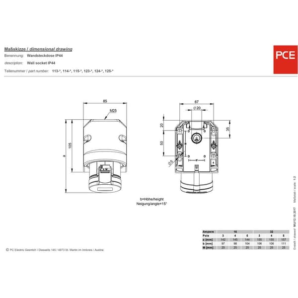 PCE 113-6tt CEE-väggkoppling 3-pol 16 A 3-polig 230 V 1 st