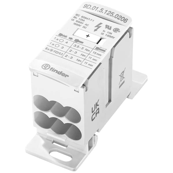 Finder 9D.01.5.125.0206 Fördelare Vit 8-polig 16 mm² 125 A 1000 V/AC, 1500 V/DC Ledar-typ = L, N, PE