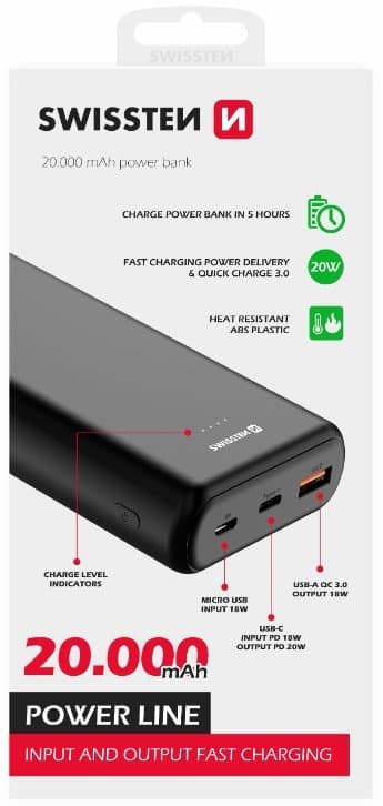 Swissten Line Power Power Bank USB / USB-C / Micro USB / 20W / 20000 mAh