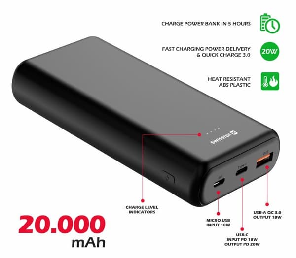 Swissten Line Power Power Bank USB / USB-C / Micro USB / 20W / 20000 mAh