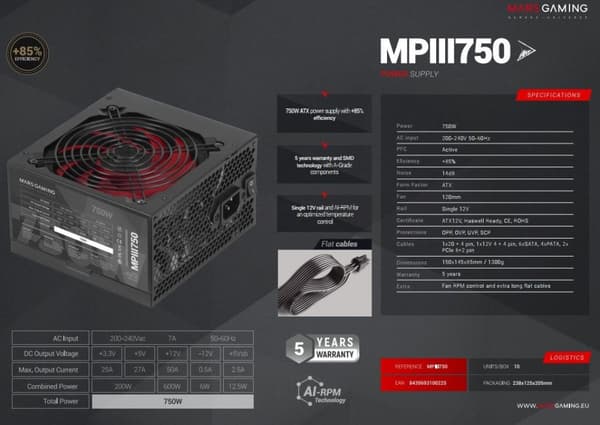 Mars Gaming MPIII750 Power Supply ATX 750W