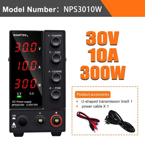 Justerbar DC-strømforsyning, 30V Output, 10A Kapacitet, 3 cifre 120V 3A