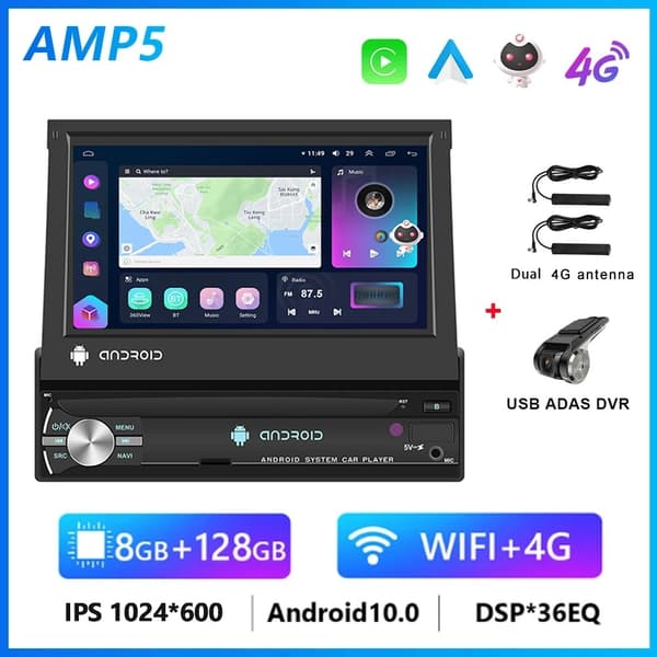 Autosoitin, taittuva kosketusnäyttö, GPS-navigointi, 8G 128G DVR