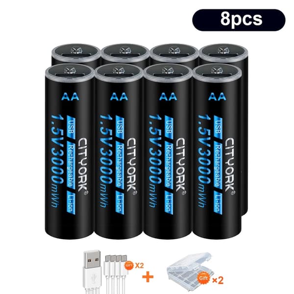Genopladeligt AA-batteri, 3000mWh kapacitet, opladning via Micro USB, 16 stk AA-batteri