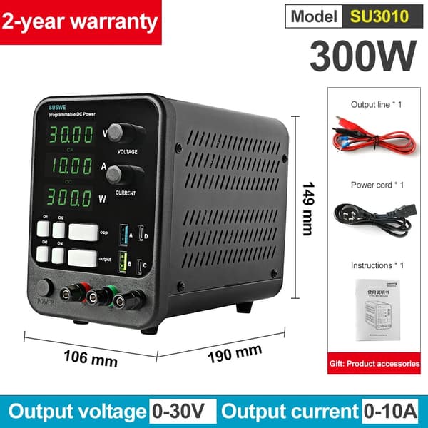 Justerbar DC-strømforsyning, LED digital display, stabiliseret output, (0-120V 0-3A)EU-stik