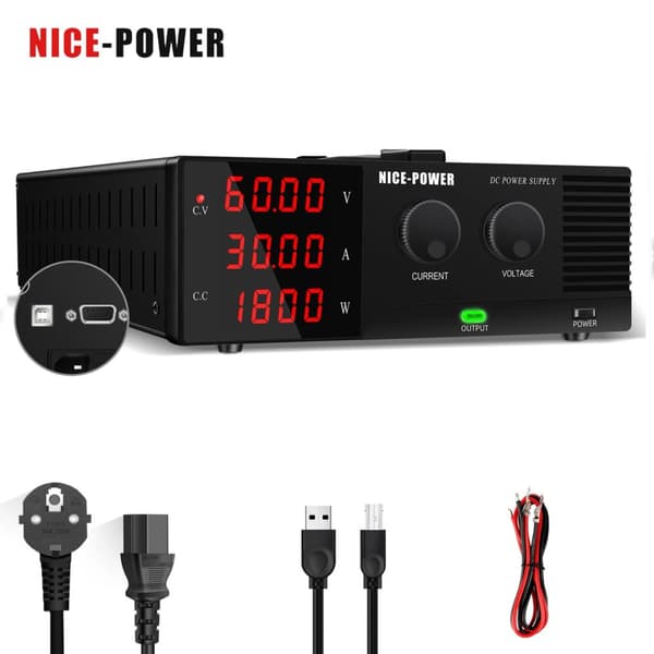 Justerbar DC Strømforsyning, 60V 30A 1800W, RS-232 USB Interface,60V 30A = 60 volt 30 ampere, 220V
