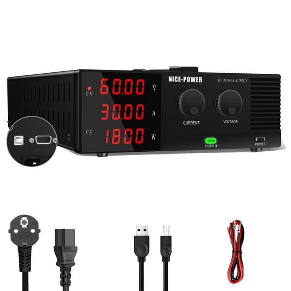 Justerbar DC Strømforsyning, 60V 30A 1800W, RS-232 USB Interface,60V 30A = 60 volt 30 ampere, 220V