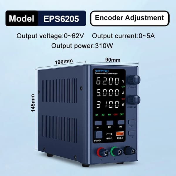 Programmerbar DC-strömförsörjning, 320W utgång, USB-C och USB-A gränssnitt,EPS6205 62V 5A = EPS6205 62V 5A