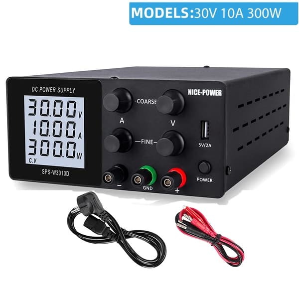 Justerbar DC Strømforsyning, 30V 10A Output, Dobbelt Display Funktioner,AC 220V = Vekselstrøm 220V, Lodret 30V10A LCD