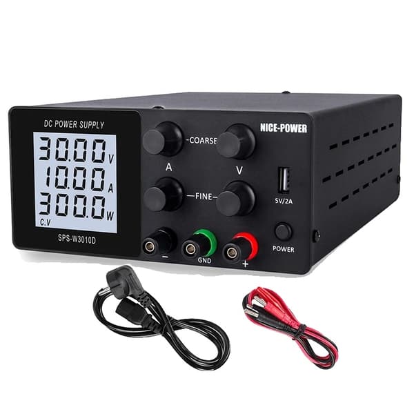 Justerbar DC Strømforsyning, 30V 10A Output, Dobbelt Display Funktioner,AC 220V = Vekselstrøm 220V, Lodret 30V10A LCD