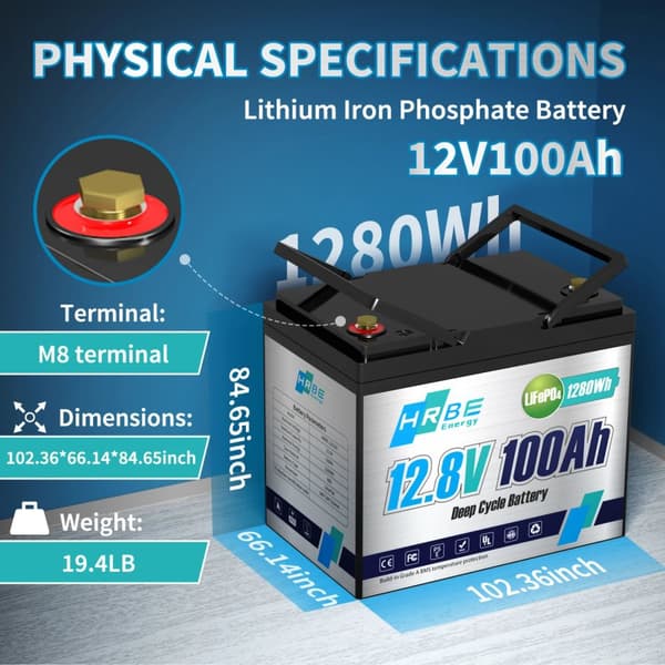 12V Lithium Iron Phosphate Batteri, 100AH Kapacitet, Indbygget BMS for Sikkerhed,12V 100Ah = 12 volt 100 ampere-timer