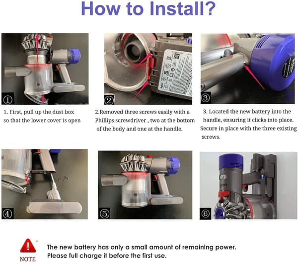 Erstatningsbatteri til Dyson V8, 6000mAh Kapacitet, 21,6V
