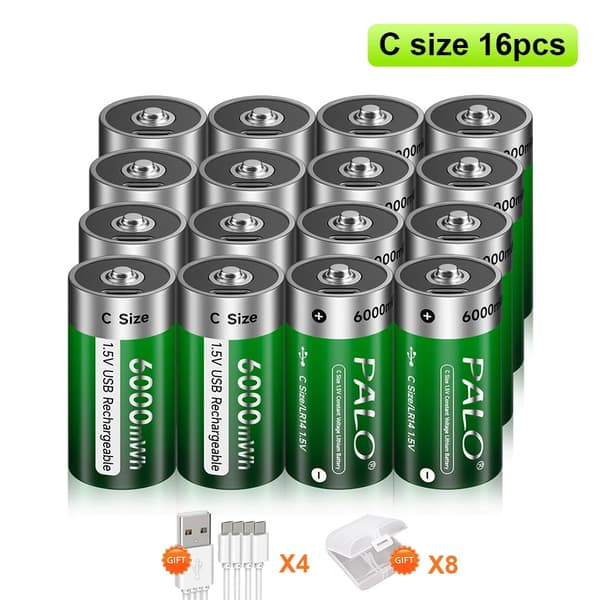 Palo genopladelige C-størrelse batterier, 6000 mWh kapacitet, USB-opladning,12 stk.