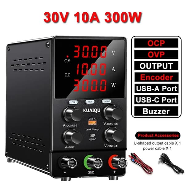 DC Strømforsyning, 30V Udgange, USB-A Port,AC 220V, SPS3010