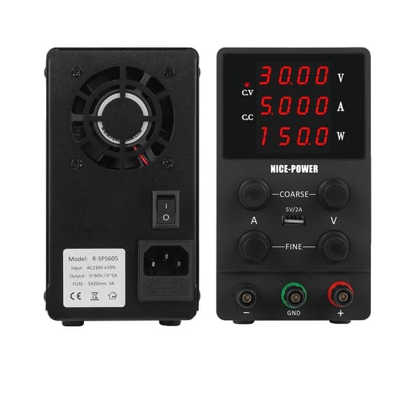 DC Strømforsyning, Justerbar 0-30V Udgange, 0-10A Udgangsstrøm,220V, SPS605 Sort SPS305 black