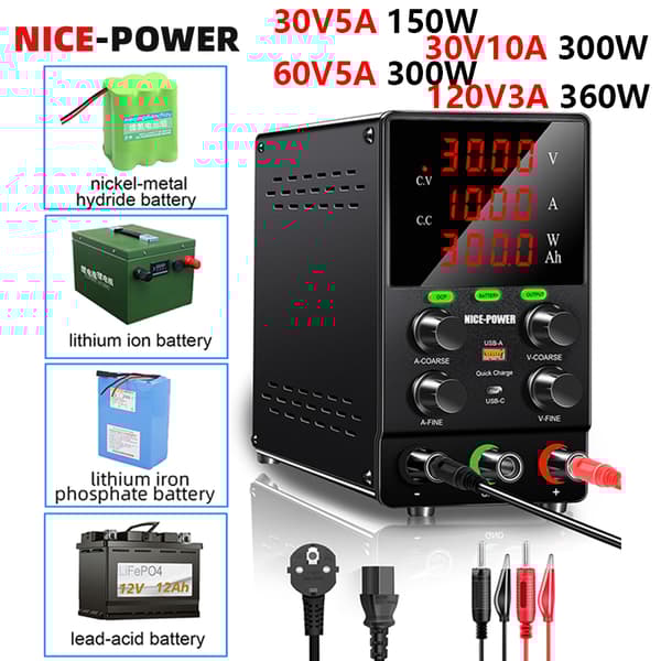 DC Lab Bænkstrømforsyning, 30V 10A Udgange, Hurtigopladningskapacitet,120V 3A OCP