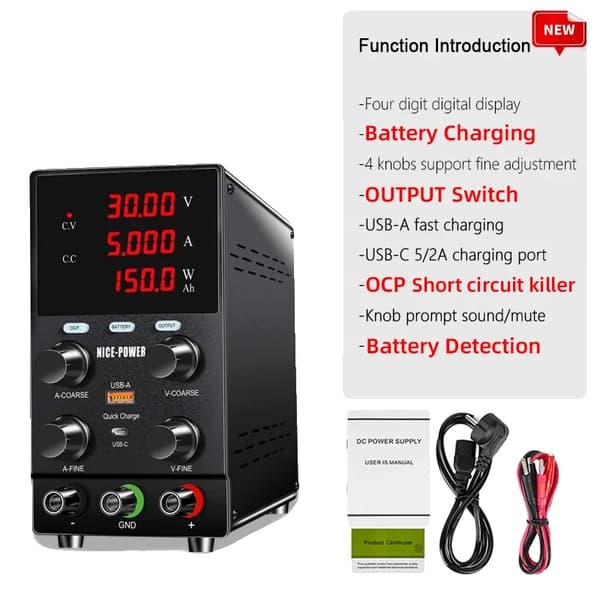 DC Lab Bænkstrømforsyning, 30V 10A Udgange, Hurtigopladningskapacitet,30V 5A OCP