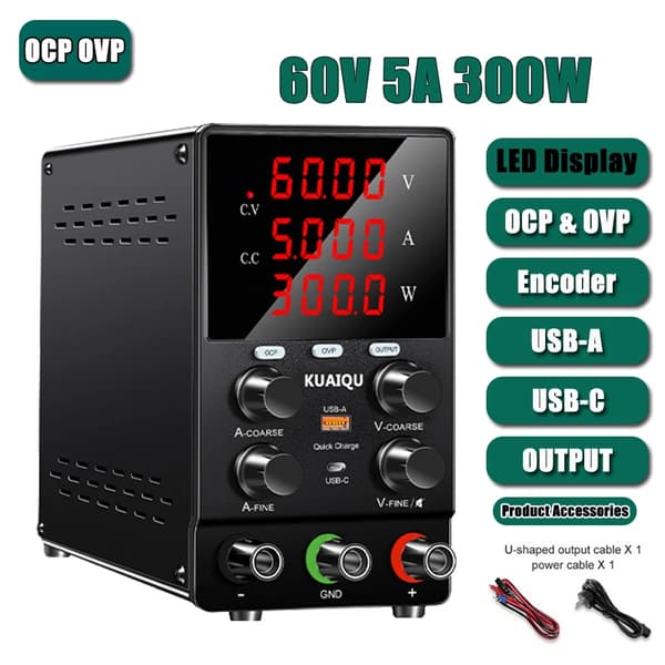 DC Strømforsyning, OCP og OVP Beskyttelse, USB-A og USB-C Hurtigopladning,OCP OVP 60V 5A
