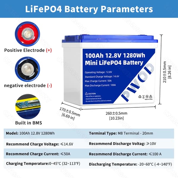 12V 100Ah LiFePO4-akku, maksimi purku 100A, syklielämä 6000,1 kpl