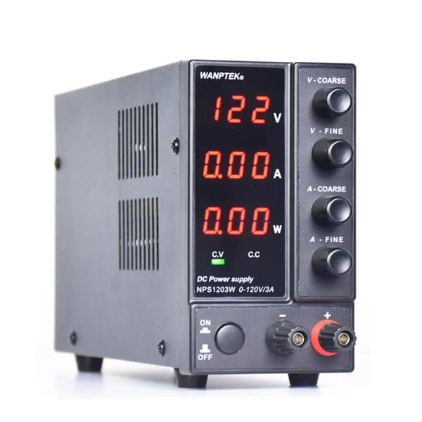 Stabiliseret DC-strømforsyning, 0-120V udgang, 0-3A strøm,sort