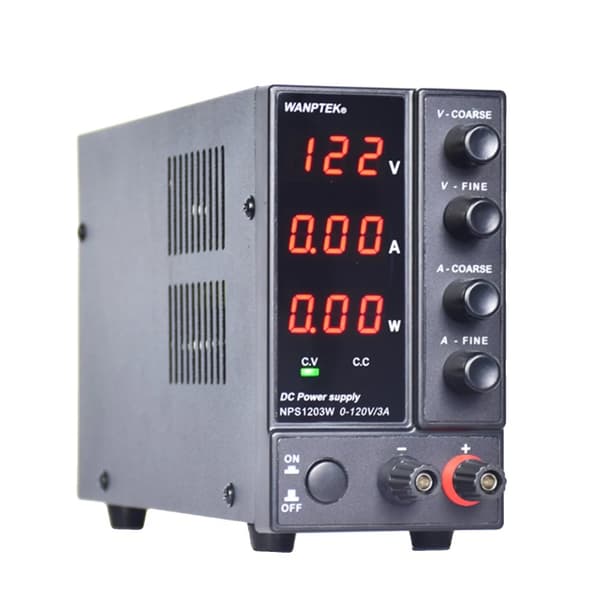 Stabiliseret DC-strømforsyning, 0-120V udgang, 0-3A strøm,sort