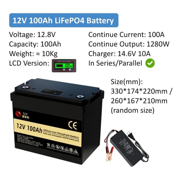 12V 100Ah Lithiumbatteri, kontinuerlig udgang på 1280W, LCD-display,12v100Ah-Charger