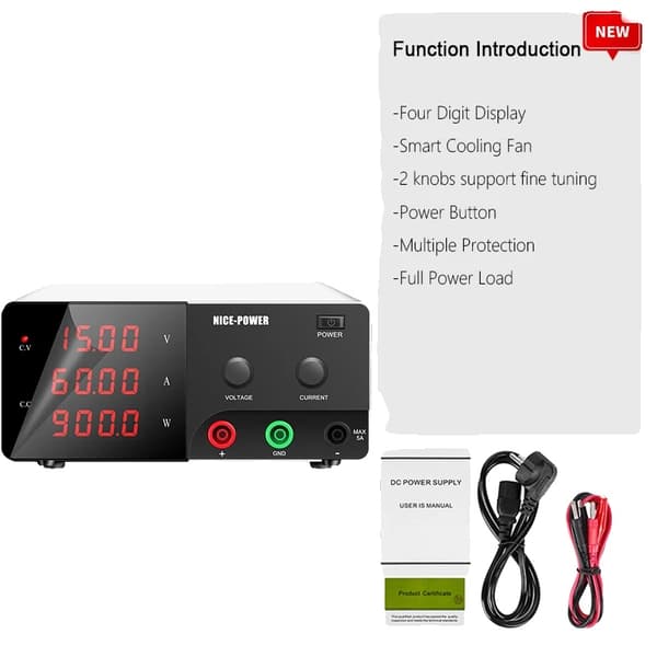 NICE-POWER DC Laboratoriovirtalähde, 0-30V 0-60A Ulostulo, Nelinumeroinen LED-näyttö,15V60A 900W Musta, 220 V