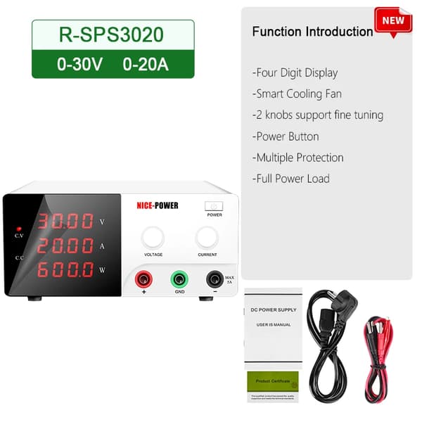 NICE-POWER DC Laboratorie Strømforsyning, 0-30V 0-60A Udgivelse, Fire-cifret LED Display,30V20A 600W White, 220v