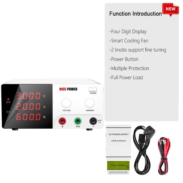 NICE-POWER DC Laboratorie Strømforsyning, 0-30V 0-60A Udgivelse, Fire-cifret LED Display,30V20A 600W White, 220v