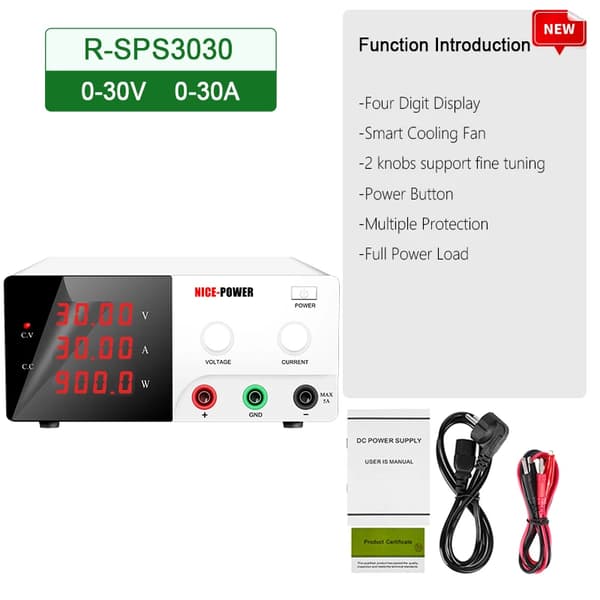 NICE-POWER DC Laboratorie Strømforsyning, 0-30V 0-60A Udgivelse, Fire-cifret LED Display,30V30A 900W White, 220v