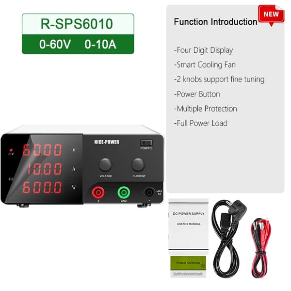 NICE-POWER DC Laboratorie Strømforsyning, 0-30V 0-60A Udgivelse, Fire-cifret LED Display,60V10A 600W Sort, 220v