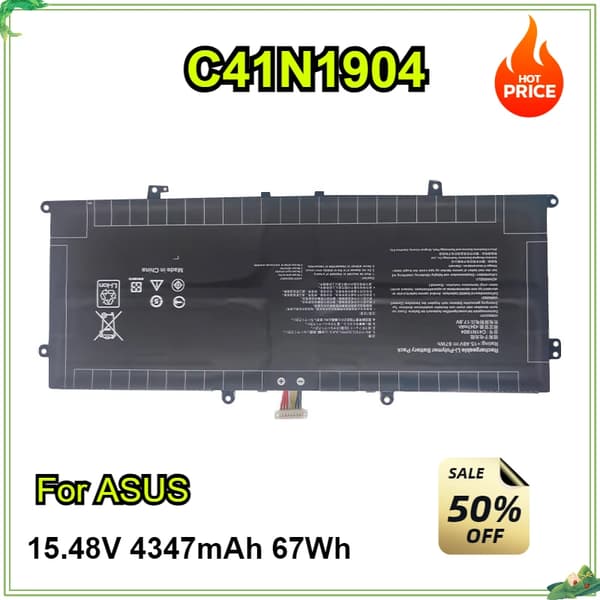 C41N1904 Laptopbatteri, 15.48V spänning, 67Wh kapacitet, kompatibel med ASUS ZenBook-modeller