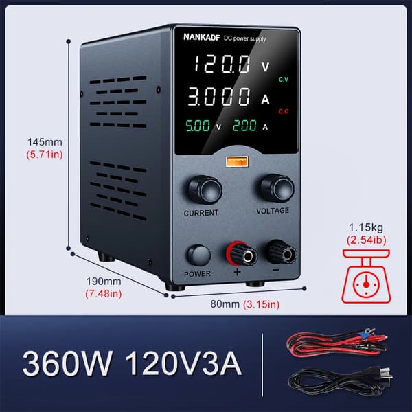 NANKADF DC Strømforsyning, Højpræcisions 4-cifret LED-display, USB Hurtigopladning,GA1203H-N Sort
