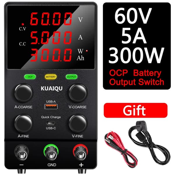 Säädettävä tasavirtalähde, 30V tai 60V ulostulo, nopea lataus USB-portit,220V, 60V 5A OCP Akku