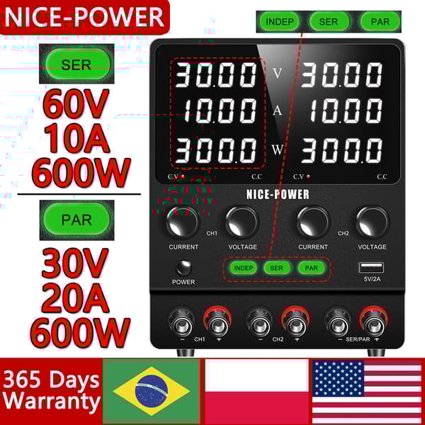 Dual-Channel Lab DC Strömförsörjning, Justerbar 120V 3A, 60V 5A,120V 3A, 220V