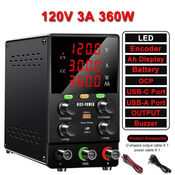 Batteriopladning DC-strømforsyning, flere udgangsspændingsmuligheder, robuste beskyttelsesfunktioner,120V 3A OCP Batteri, AC 220V