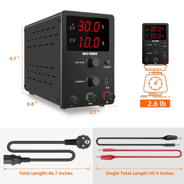 DC Lab Strømforsyning, 30V Udgange, 10A Strøm, USB Opladningsport