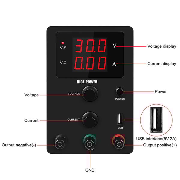 DC Lab Strømforsyning, 30V Udgange, 10A Strøm, USB Opladningsport